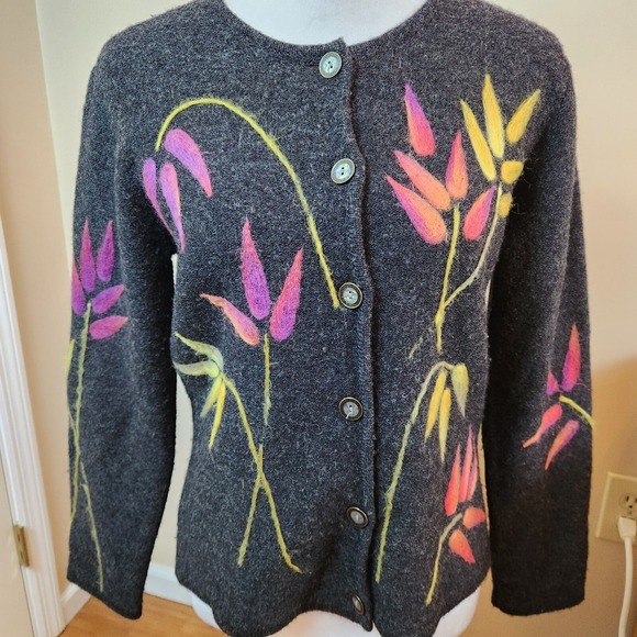 Vtg Talbots Womens Cardigan Sweater Sz Small Charcoal Gray Wool & Felt Leaf Top - Picture 10 of 16